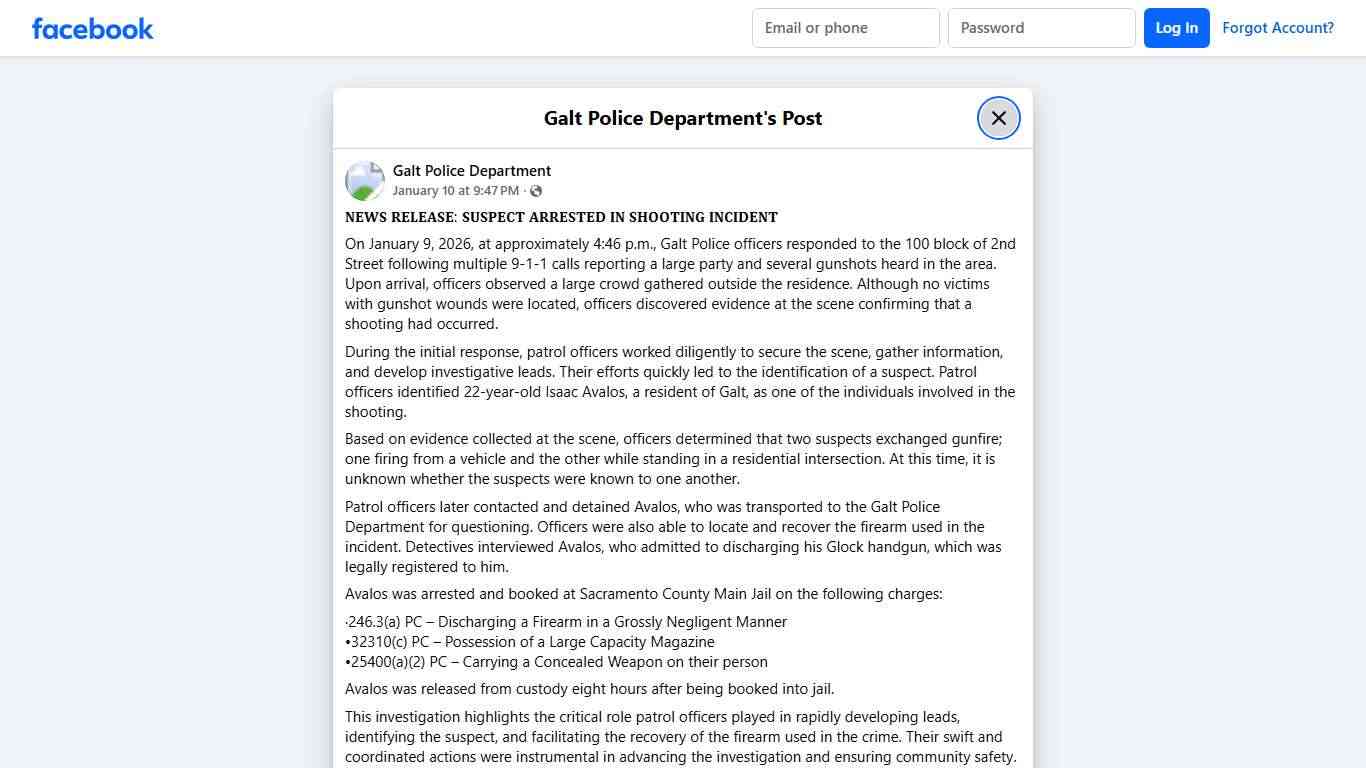 𝐍𝐄𝐖𝐒 𝐑𝐄𝐋𝐄𝐀𝐒𝐄: 𝐒𝐔𝐒𝐏𝐄𝐂𝐓 𝐀𝐑𝐑𝐄𝐒𝐓𝐄𝐃 𝐈𝐍... - Galt Police Department Facebook