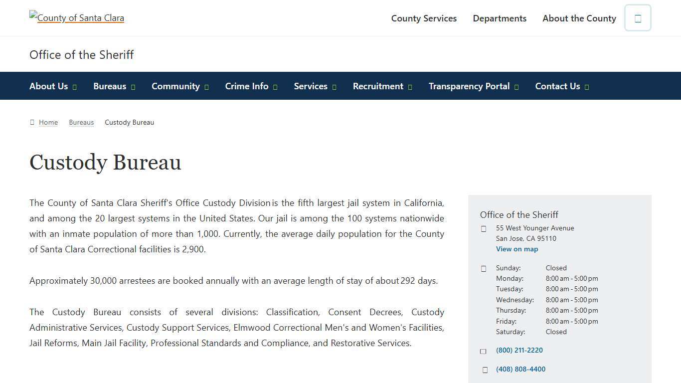 Custody Bureau Office of the Sheriff County of Santa Clara